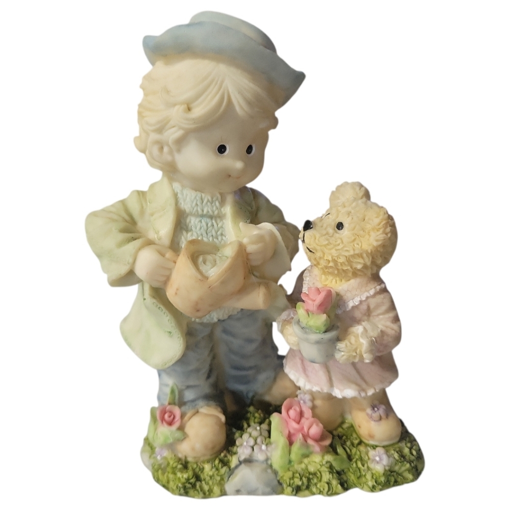 Vtg 90's Resin Figurine Statue Boy Girl Teddy Bear Garden Roses Water Pitcher